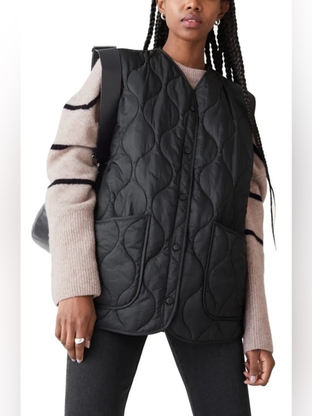 & Other Stories Black Snap Front Quilted Vest size 10
